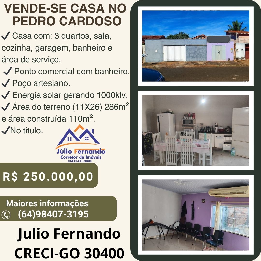 VENDE-SE CASA NO BAIRRO PEDRO CARDOSO – 250 MIL REAIS