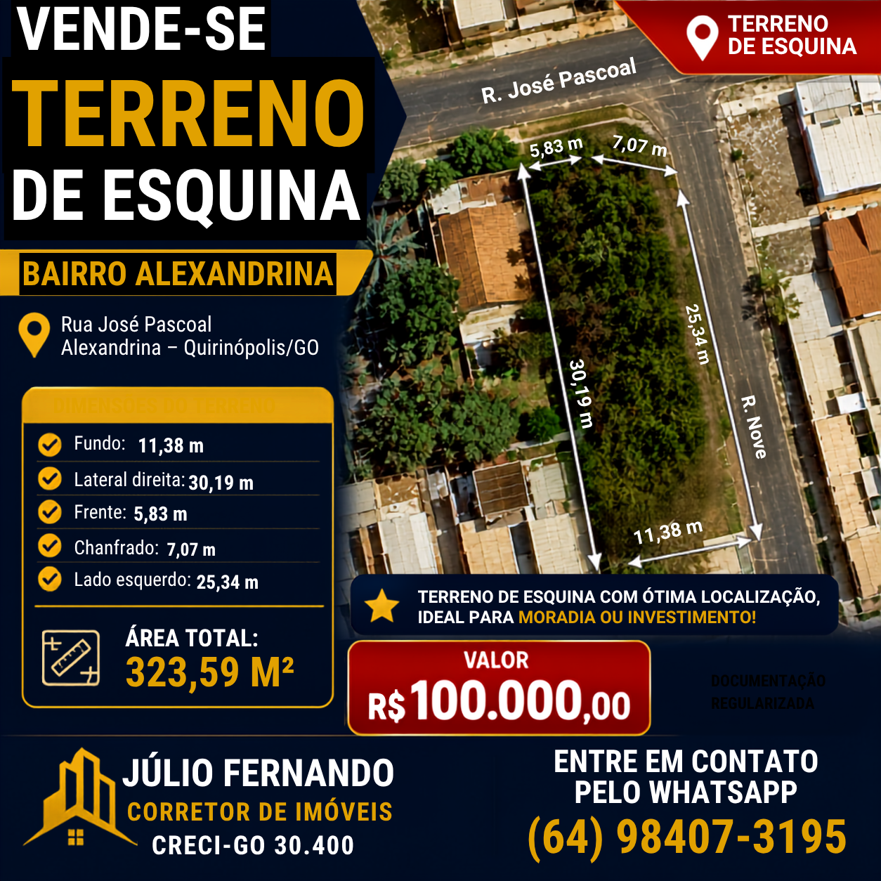 VENDE-SE TERRENO NO ALEXANDRINA – TERRENO DE ESQUINA.