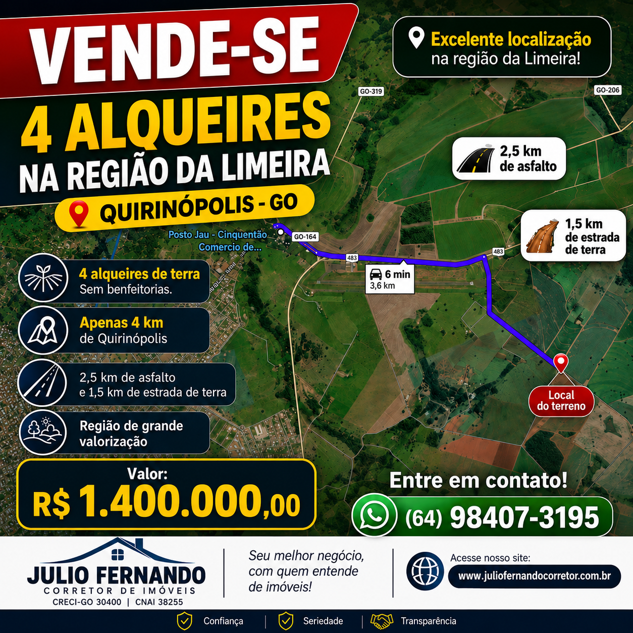 VENDE-SE 4 ALQUEIRES NA REGIÃO DA LIMEIRA - QUIRINÓPOLIS.